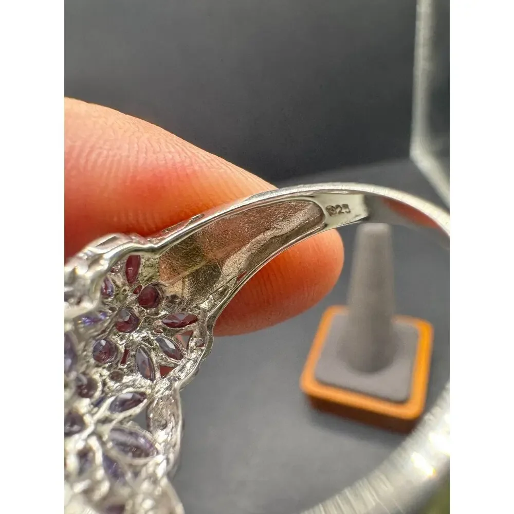 DV Signed 925 Sterling Silver Tanzanite & White Topaz Cocktail Ring Size 9.75